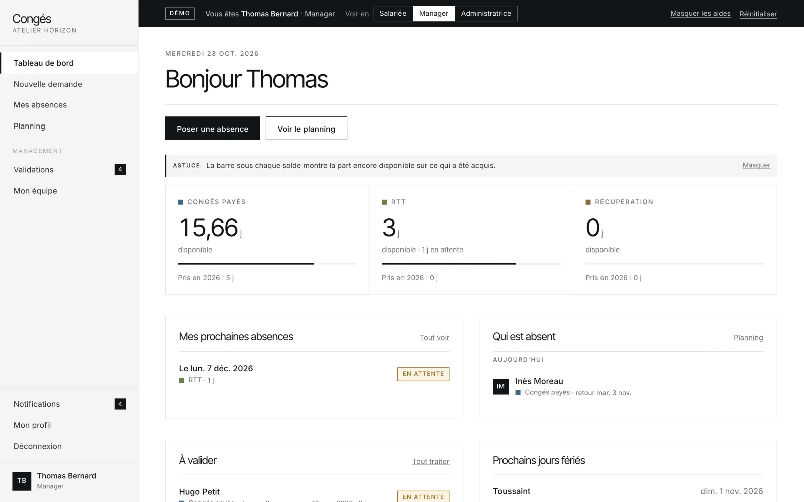Congés : tableau de bord d'un manager